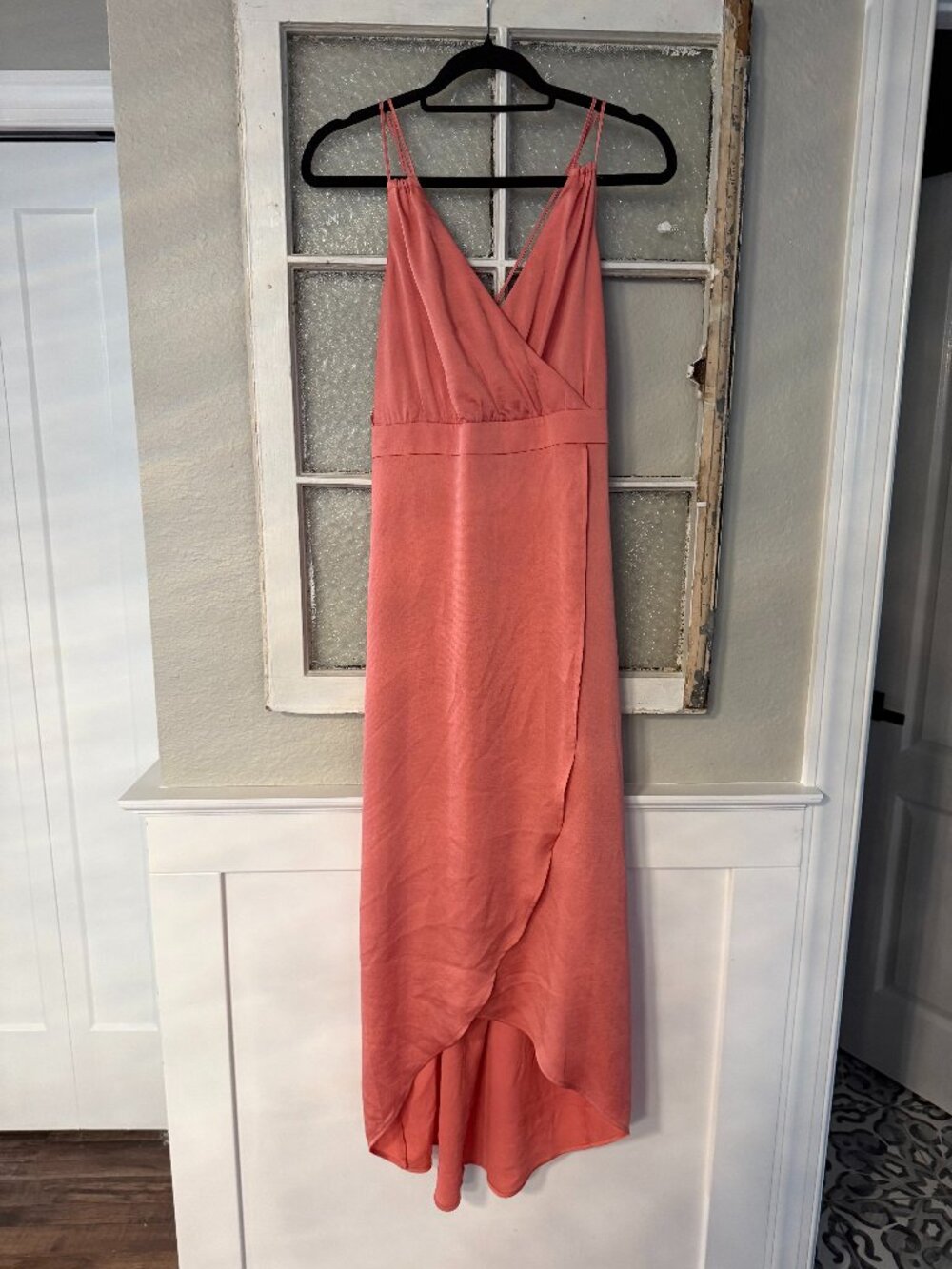 Express Coral Satin Faux-Wrap High-Low Midi Dress Medium
